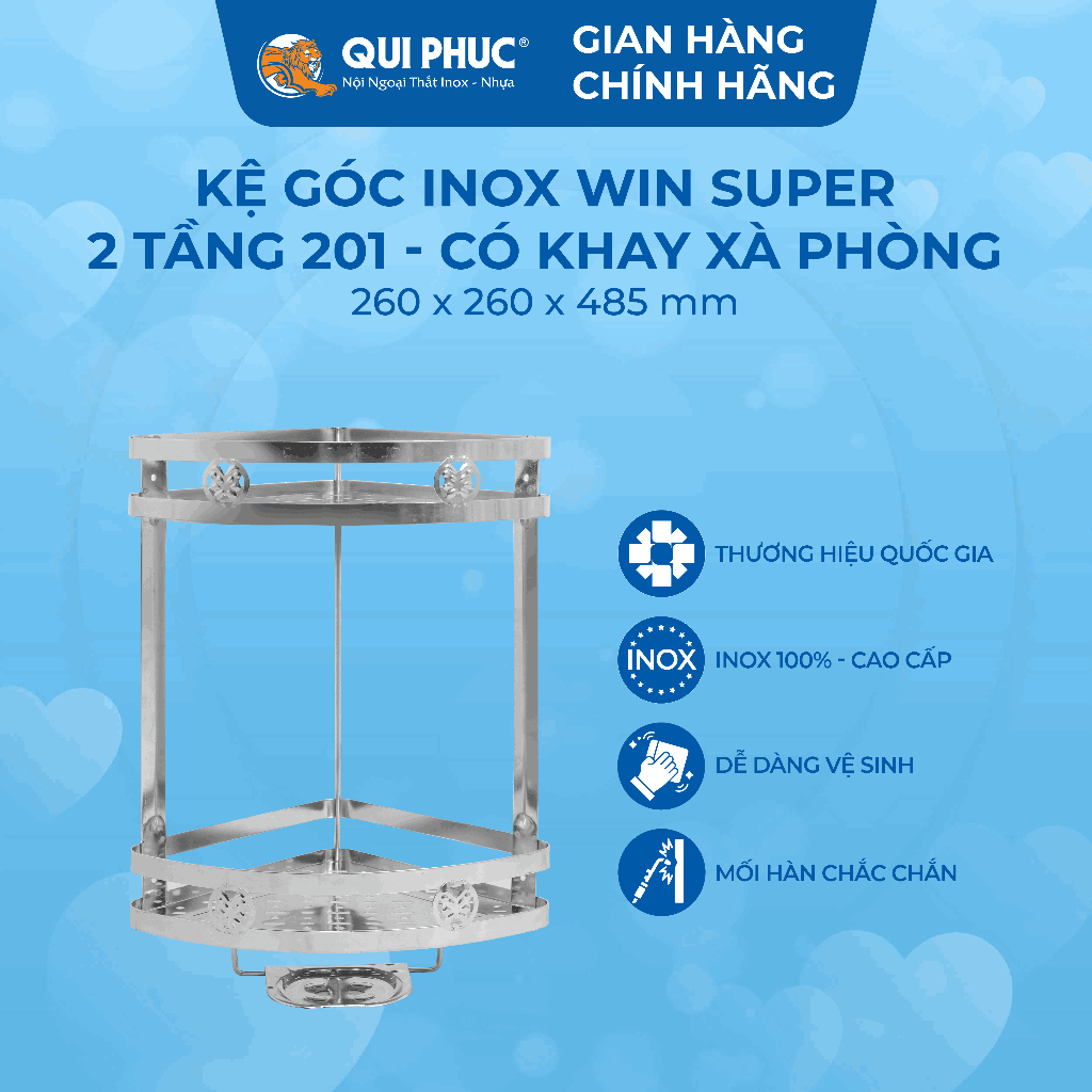 Kệ góc nhà tắm Win Super QUI PHÚC, inox 201 cao cấp, không gỉ, 2 tầng tiện lợi, tiết kiệm không gian