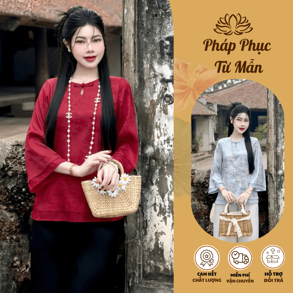 Bộ đồ đi chùa cổ tròn giọt lệ phối voan vân đình chùa Pháp phục lễ chùa cách tân tay lỡ lụa gấm mềm mát