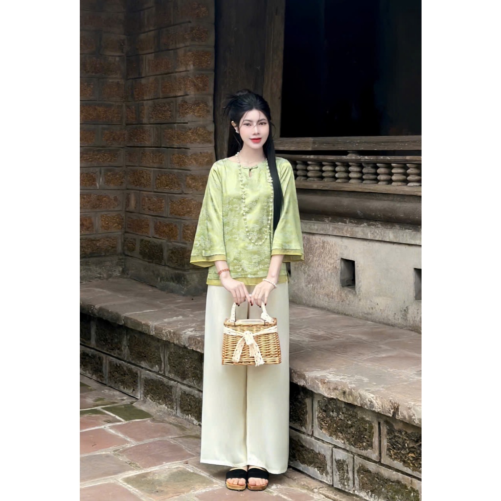 Bộ đồ đi chùa cổ tròn giọt lệ phối voan vân đình chùa Pháp phục lễ chùa cách tân tay lỡ lụa gấm mềm mát