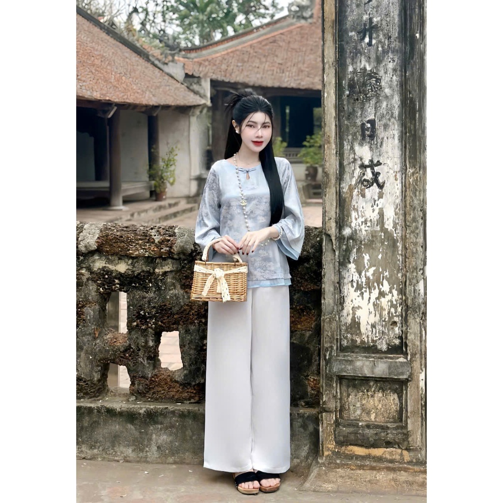 Bộ đồ đi chùa cổ tròn giọt lệ phối voan vân đình chùa Pháp phục lễ chùa cách tân tay lỡ lụa gấm mềm mát