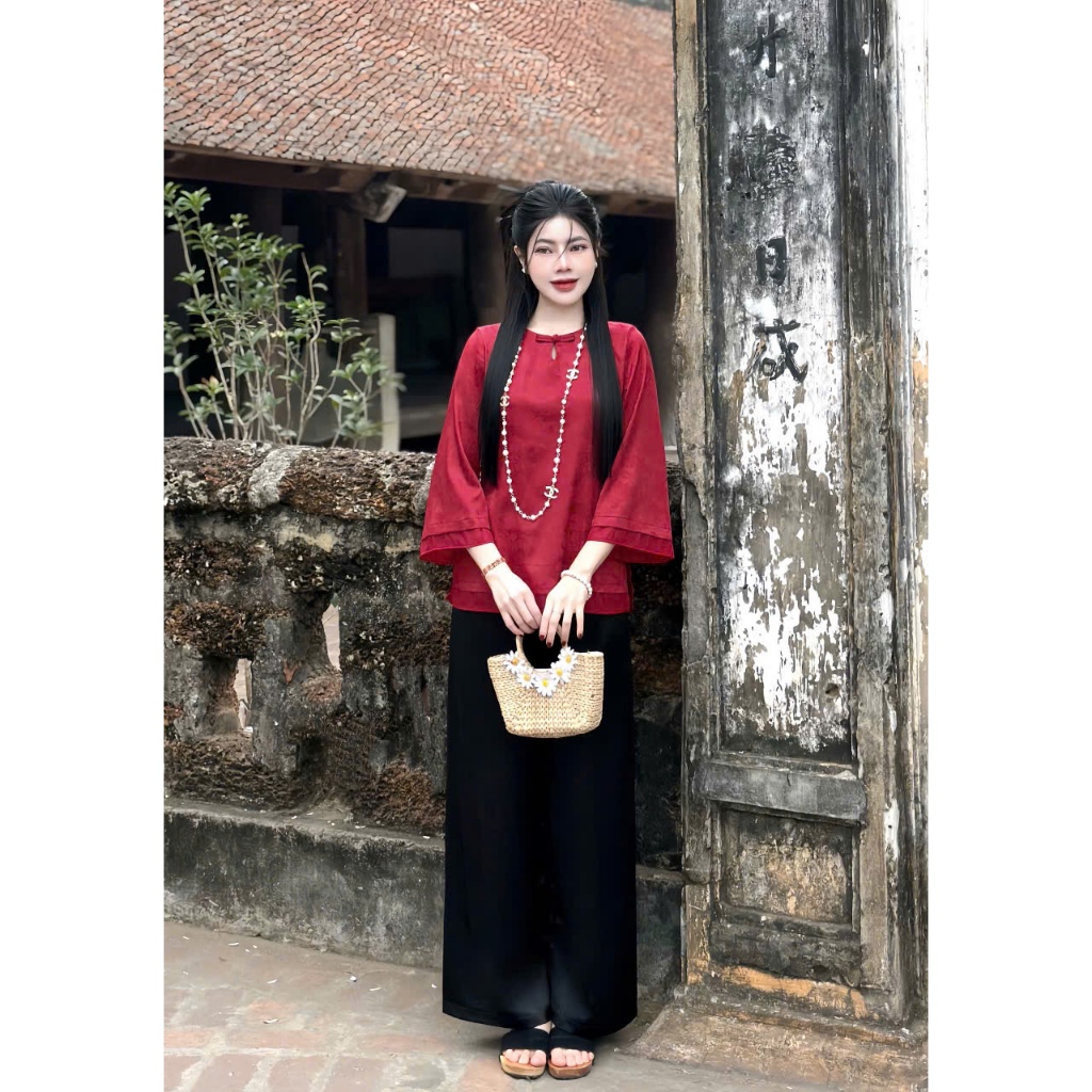 Bộ đồ đi chùa cổ tròn giọt lệ phối voan vân đình chùa Pháp phục lễ chùa cách tân tay lỡ lụa gấm mềm mát