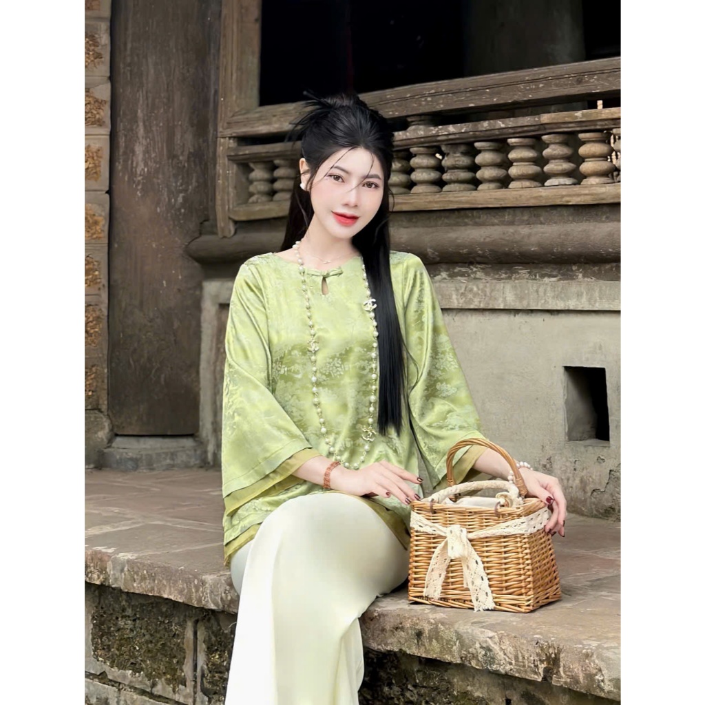 Bộ đồ đi chùa cổ tròn giọt lệ phối voan vân đình chùa Pháp phục lễ chùa cách tân tay lỡ lụa gấm mềm mát
