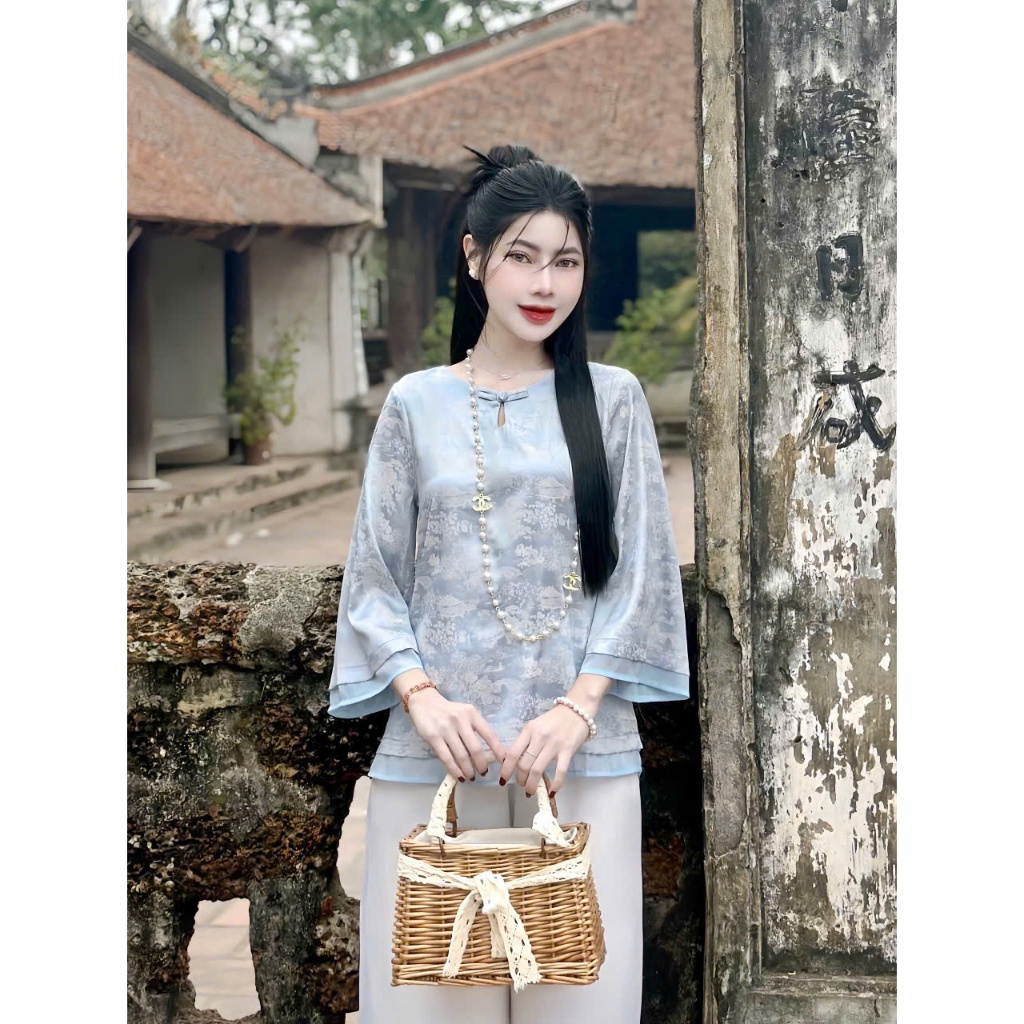 Bộ đồ đi chùa cổ tròn giọt lệ phối voan vân đình chùa Pháp phục lễ chùa cách tân tay lỡ lụa gấm mềm mát