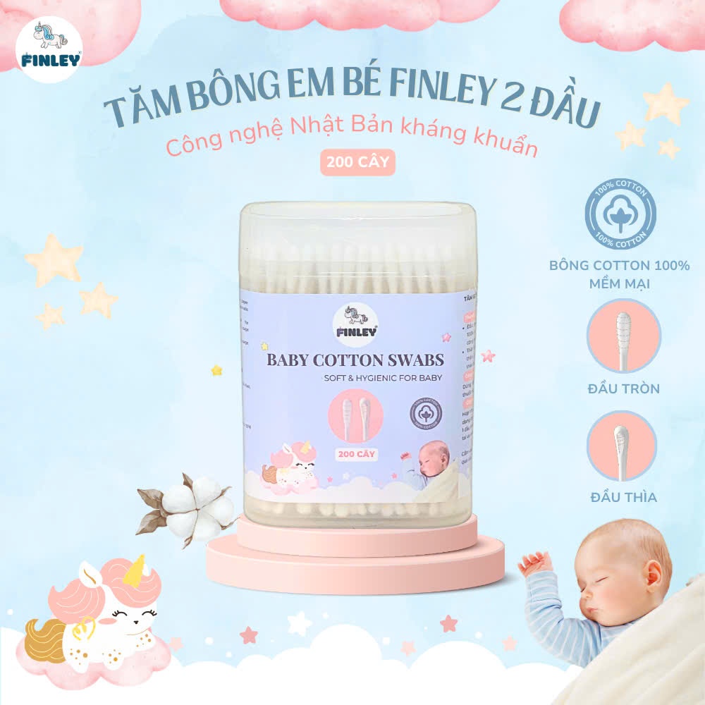 Ảnh Hộp 200 tăm bông ráy tai 2 đầu kháng khuẩn cho bé Finley FL0162 1