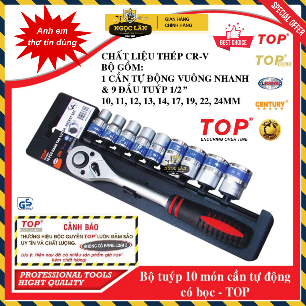 [Hàng chuẩn TOP] Bộ khẩu, bộ tuýp cần tự động 10 Chi tiết 1/2'' 10-24mm tay bọc thợ sửa xe tin dùng