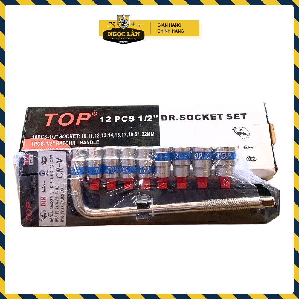 [Hàng chuẩn TOP] Bộ khẩu, bộ tuýp 10 chi tiết cần siết L 1/2'', 9 tuýp 10-24mm thợ sửa xe tin dùng