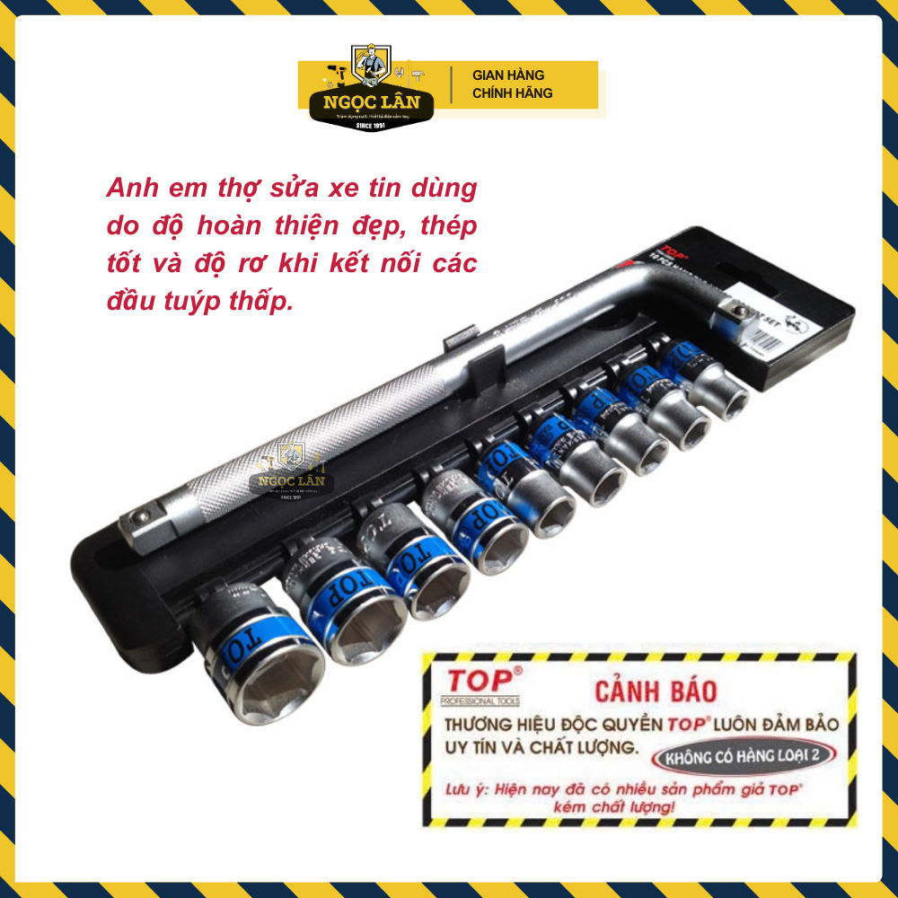 [Hàng chuẩn TOP] Bộ khẩu, bộ tuýp 10 chi tiết cần siết L 1/2'', 9 tuýp 10-24mm thợ sửa xe tin dùng