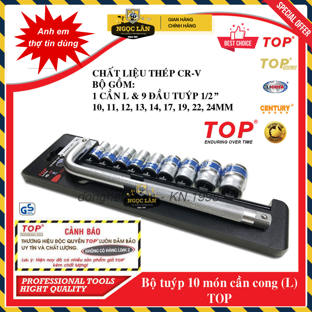 [Hàng chuẩn TOP] Bộ khẩu, bộ tuýp 10 chi tiết cần siết L 1/2'', 9 tuýp 10-24mm thợ sửa xe tin dùng