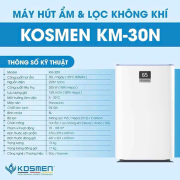 [CÓ SẴN ] Máy Hút Ẩm, Lọc Không Khí Kosmen KM30N , Thiết Kế Nhỏ Gọn, Vận Hành Êm Ái, Lọc Sạch Không Khí, Diện tích 80m3