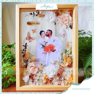 Set hộp quà khung ảnh hoa khô handmade hoa hồng tặng bạn cô dâu chú rể dịp đám cưới, tặng 8/3