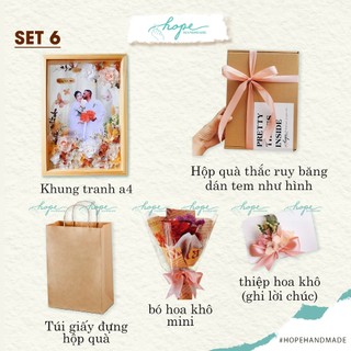 Set hộp quà khung ảnh hoa khô handmade hoa hồng tặng bạn cô dâu chú rể dịp đám cưới, tặng 8/3