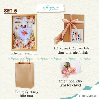 Set hộp quà khung ảnh hoa khô handmade hoa hồng tặng bạn cô dâu chú rể dịp đám cưới, tặng 8/3