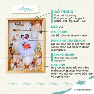 Set hộp quà khung ảnh hoa khô handmade hoa hồng tặng bạn cô dâu chú rể dịp đám cưới, tặng 8/3