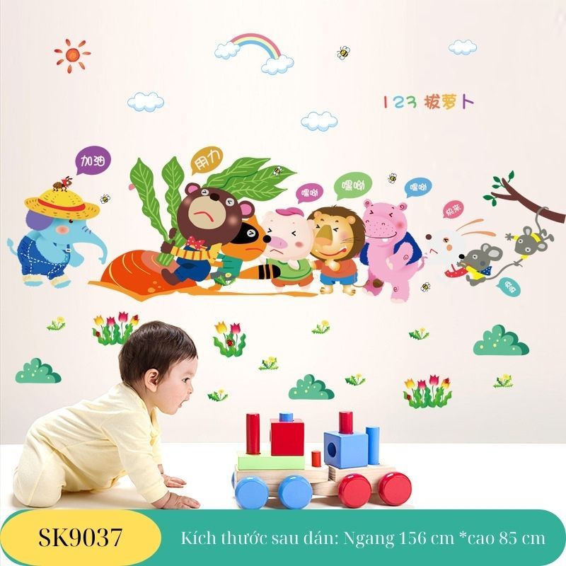Decal dán tường Thú nhổ củ cải SK9037 tranh dán tường trang trí phòng ngủ phòng khách