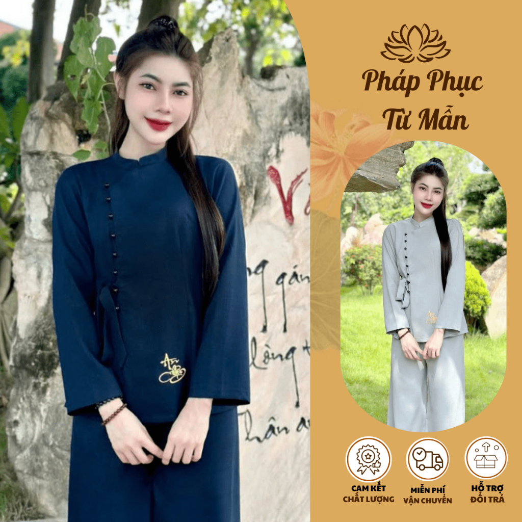 Pháp phục đi chùa cổ tàu thêu chữ An nhiên đũi thái Bộ đi chùa dài tay đính ngọc thắt nơ Đồ lam lễ chùa truyền thống