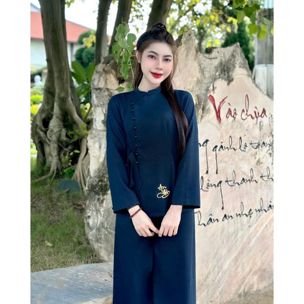 Pháp phục đi chùa cổ tàu thêu chữ An nhiên đũi thái Bộ đi chùa dài tay đính ngọc thắt nơ Đồ lam lễ chùa truyền thống
