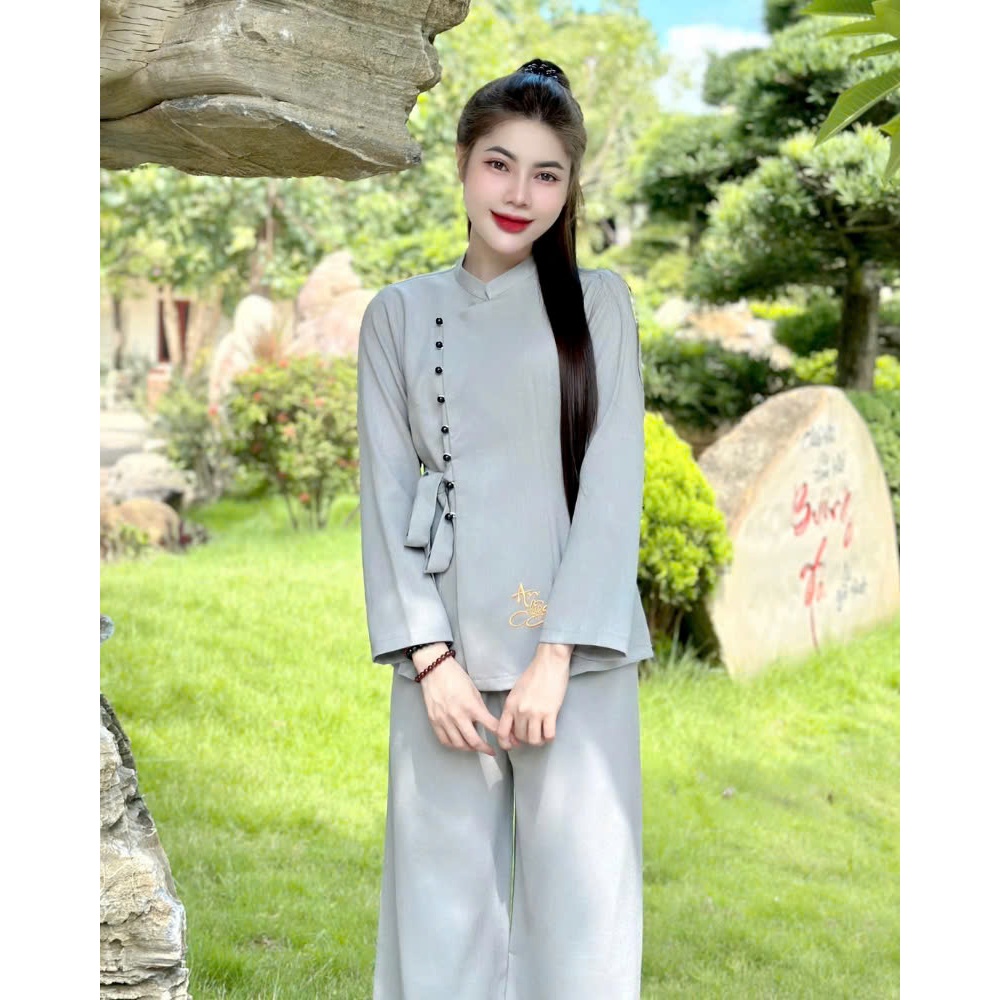 Pháp phục đi chùa cổ tàu thêu chữ An nhiên đũi thái Bộ đi chùa dài tay đính ngọc thắt nơ Đồ lam lễ chùa truyền thống