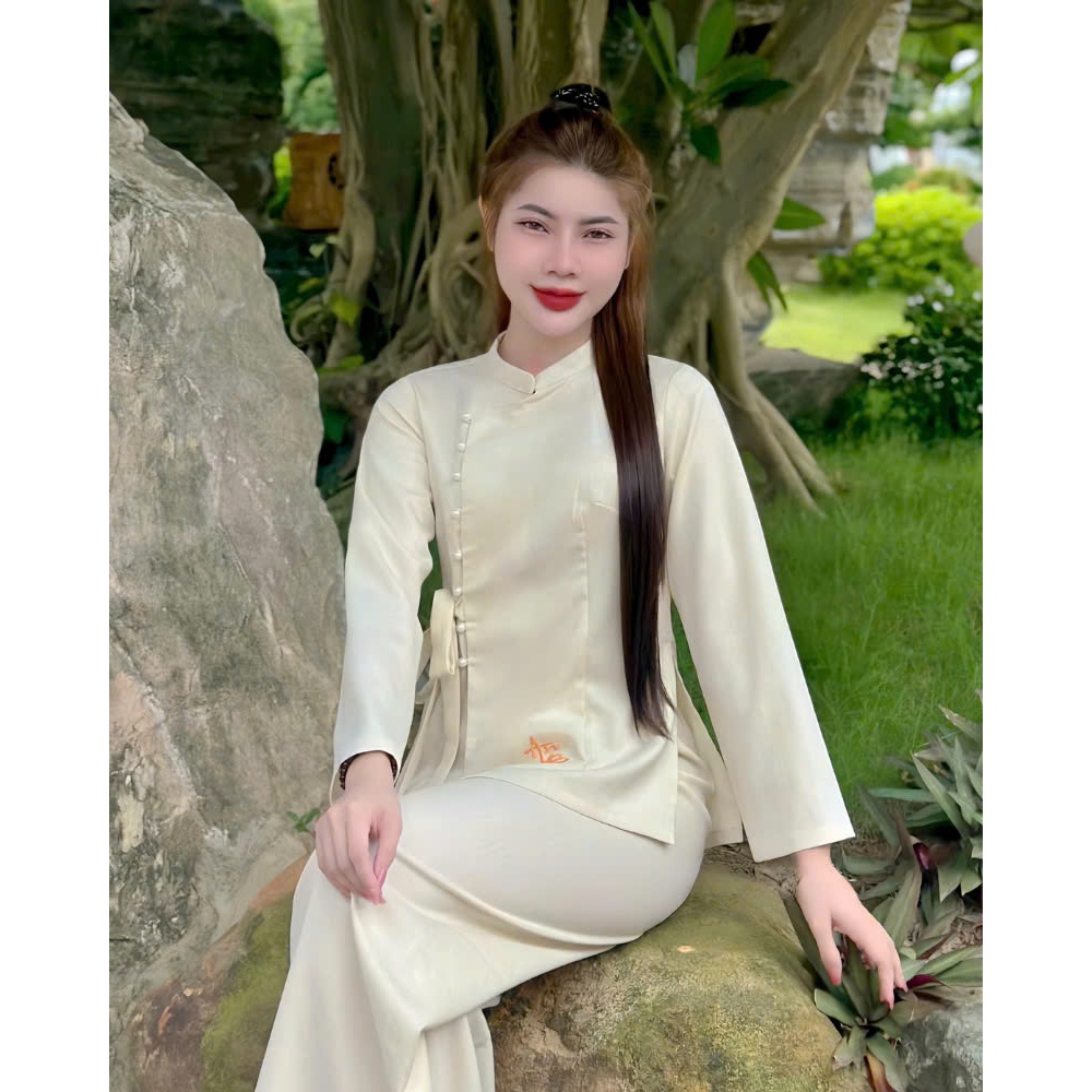 Pháp phục đi chùa cổ tàu thêu chữ An nhiên đũi thái Bộ đi chùa dài tay đính ngọc thắt nơ Đồ lam lễ chùa truyền thống