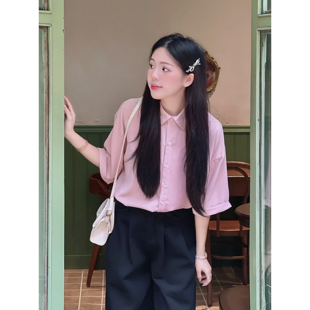 Áo Sơ Mi Lụa Cộc Tay, Áo Sơmi Nữ Kiểu Cổ Sen Điệu, Áo Somi Ngắn Tay Form Dáng Rộng Mùa Hè Thoáng Mát Miha Studio
