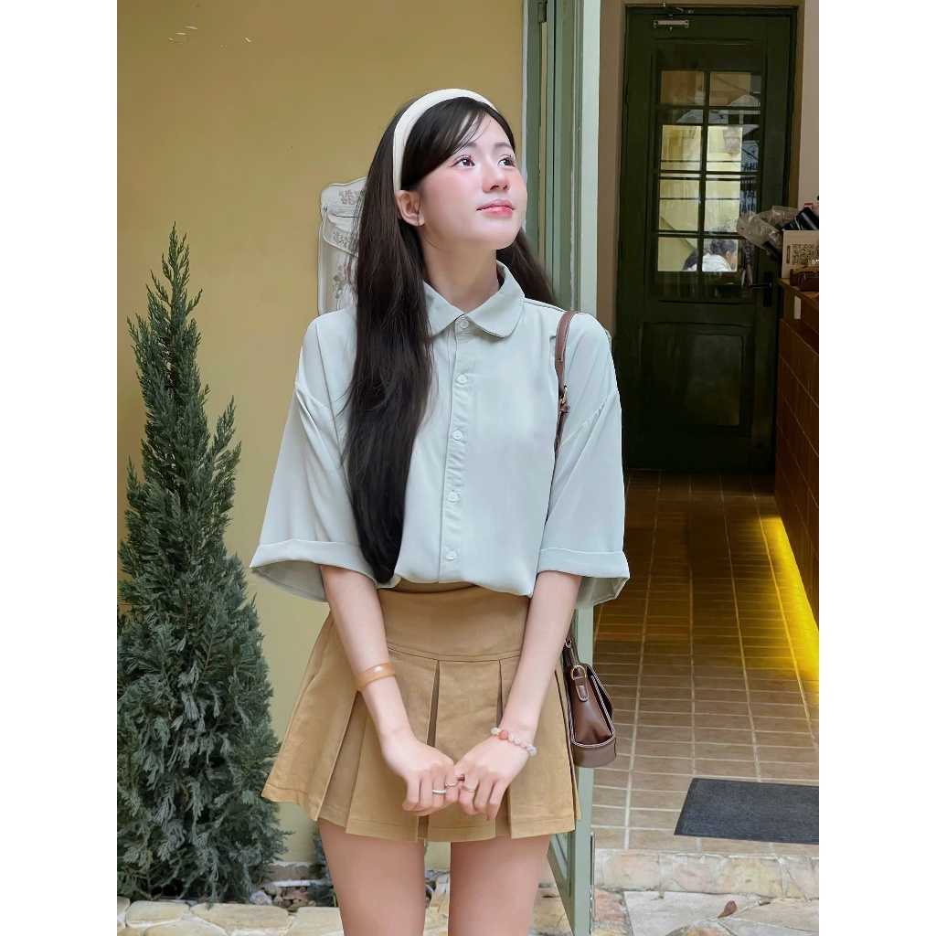 Áo Sơ Mi Lụa Cộc Tay, Áo Sơmi Nữ Kiểu Cổ Sen Điệu, Áo Somi Ngắn Tay Form Dáng Rộng Mùa Hè Thoáng Mát Miha Studio