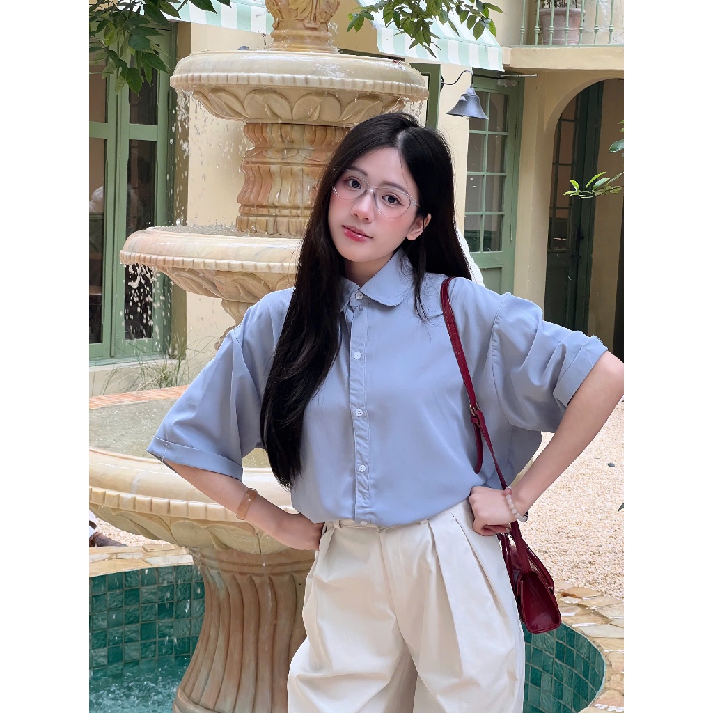 Áo Sơ Mi Lụa Cộc Tay, Áo Sơmi Nữ Kiểu Cổ Sen Điệu, Áo Somi Ngắn Tay Form Dáng Rộng Mùa Hè Thoáng Mát Miha Studio