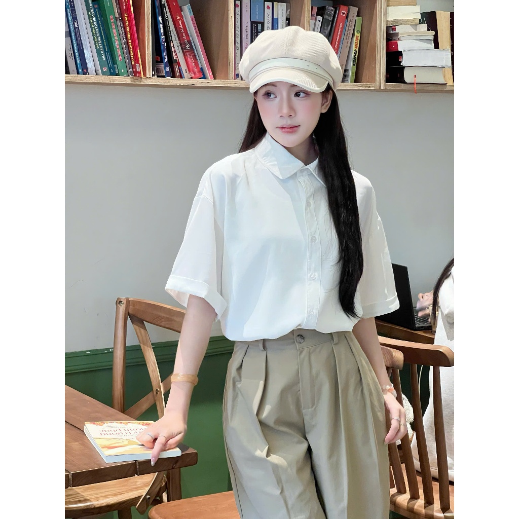 Áo Sơ Mi Lụa Cộc Tay, Áo Sơmi Nữ Kiểu Cổ Sen Điệu, Áo Somi Ngắn Tay Form Dáng Rộng Mùa Hè Thoáng Mát Miha Studio