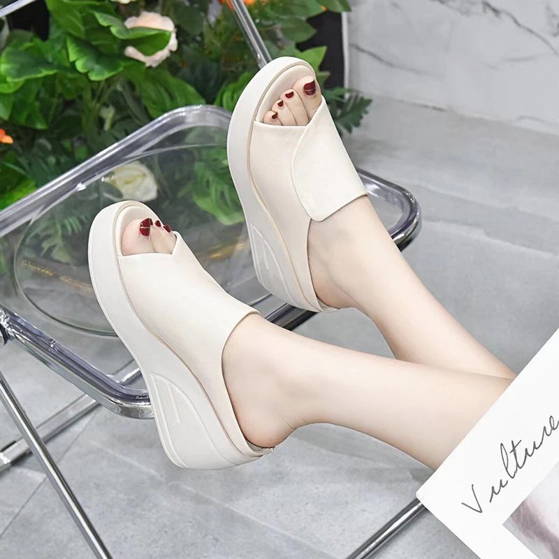 Dép đế xuồng da thật chống thấm nước chống cơn trượt  tôn dáng 6cm siêu đẹp