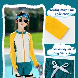 Đồ bơi bé trai dáng rời gồm áo dài tay+ quần đùi 2 lớp, đồ tắm, đồ đi biển cho bé trai sz 10- 40 kg