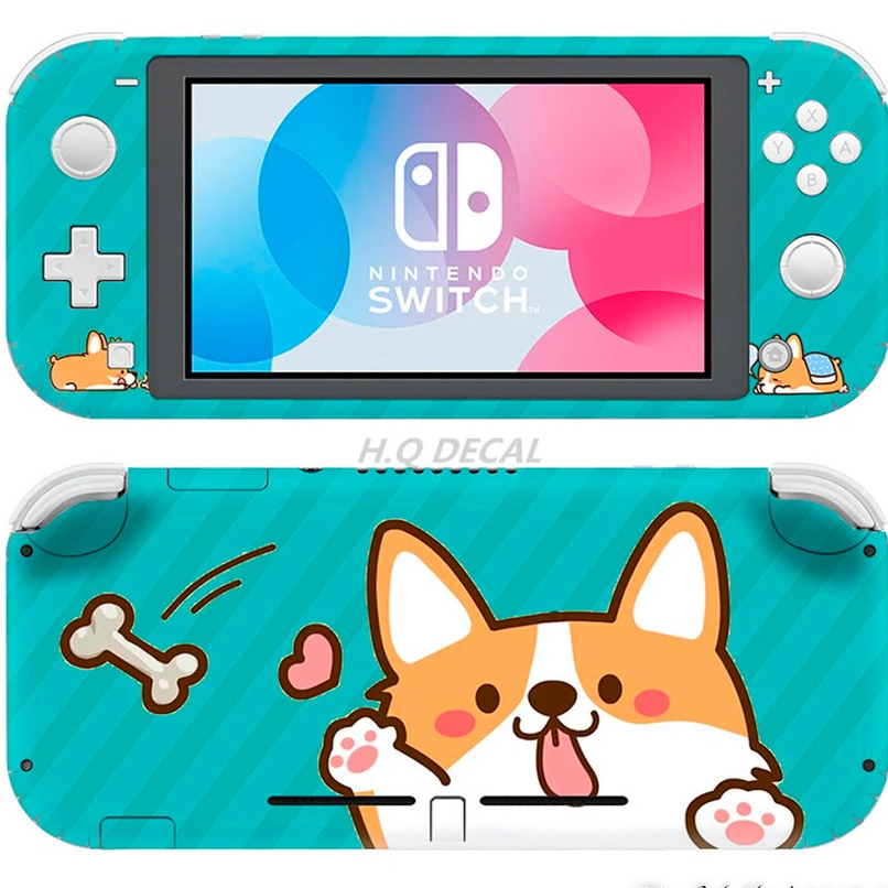 Skin decal dán Nintendo Switch Lite mẫu Corgi Hello nền xanh (đã cắt sẵn, dễ dán)
