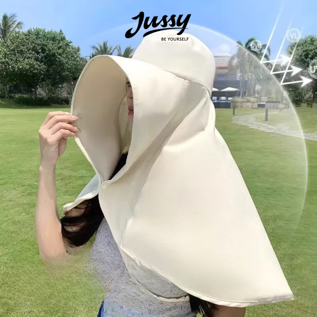 Mũ Chống Nắng Có Khăn Che Full Đầu Tới Vai Viền Vành Kẽm JN09 Jussy Official Khăn Trùm Đầu Triệu Lộ Tư Vải Cotton Lụa