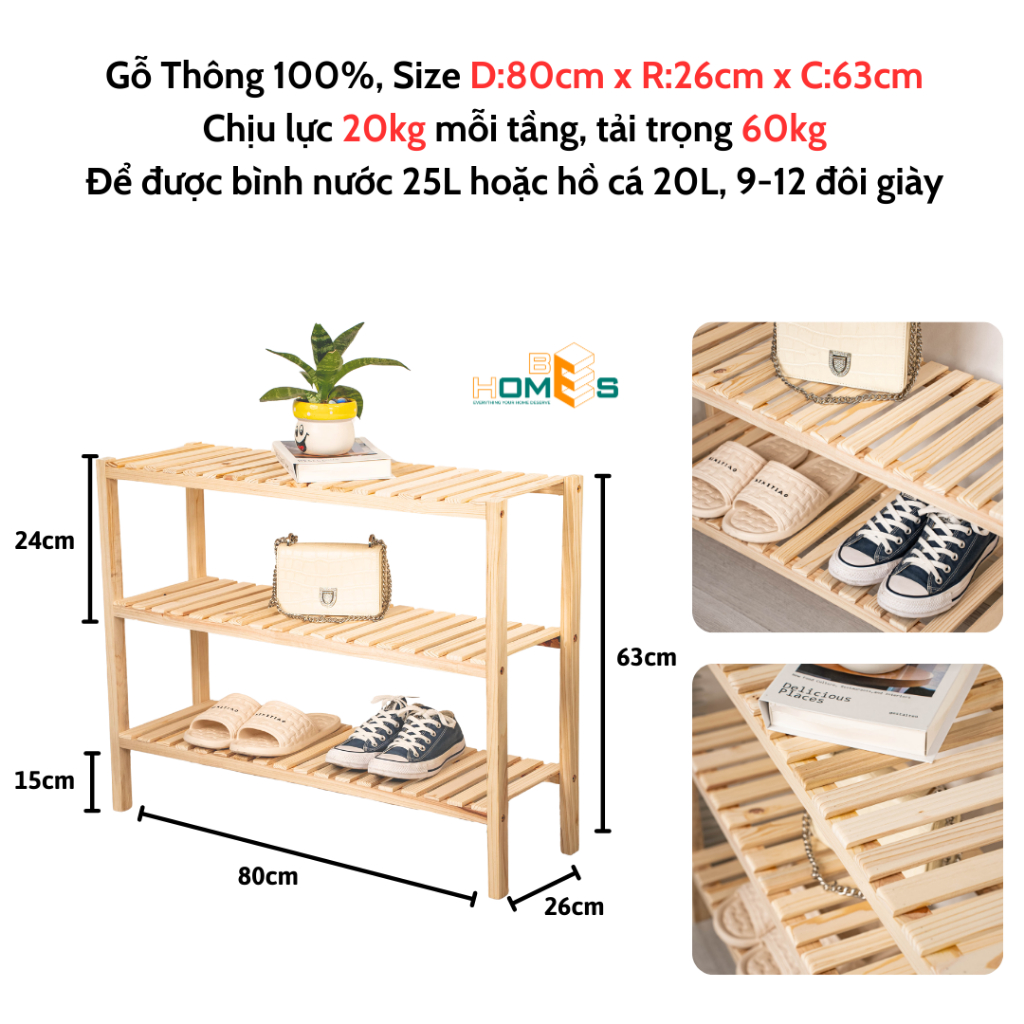 Ảnh Kệ giày gỗ Behomes 3 tầng 80 cm 2