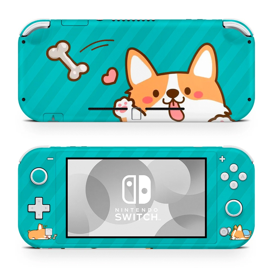 Skin decal dán Nintendo Switch Lite mẫu Corgi hello nền xanh (đã cắt sẵn, dễ dán)