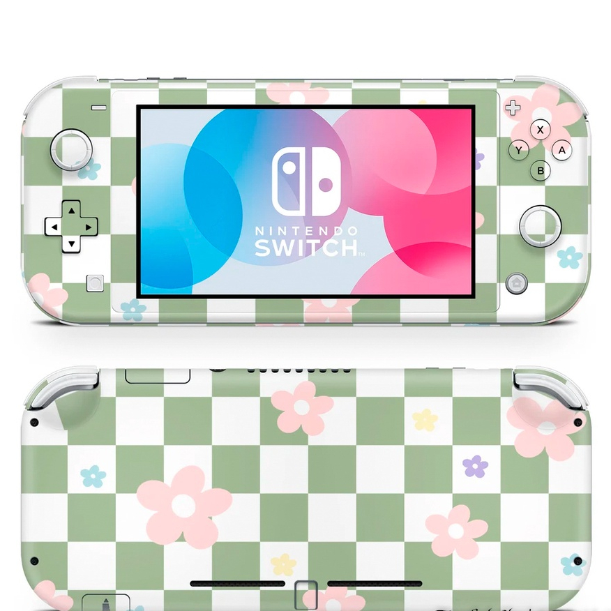 Skin decal dán Nintendo Switch Lite mẫu hoa trên nền caro xanh trắng (đã cắt sẵn, dễ dán)