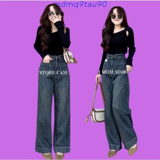 Quần bò jean ống rộng suông xuông nữ jeans rin cạp cao gấu to