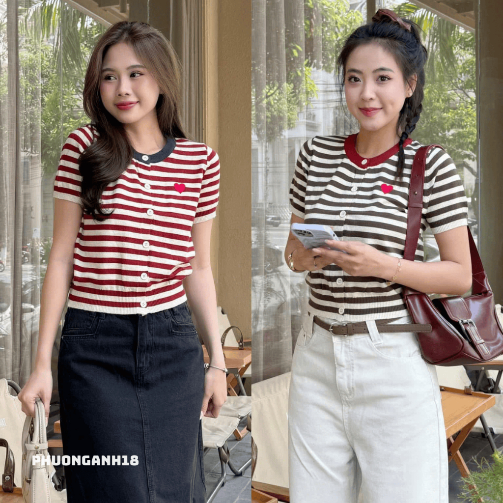 Áo cdg cộc tay họa tiết thêu tim kẻ ngang