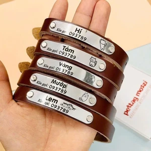 Dây da gắn tag đồng và tag bạc khắc tên cho chó mèo - Pettag Mozzi