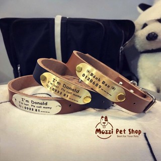 Dây da gắn tag đồng và tag bạc khắc tên cho chó mèo - Pettag Mozzi