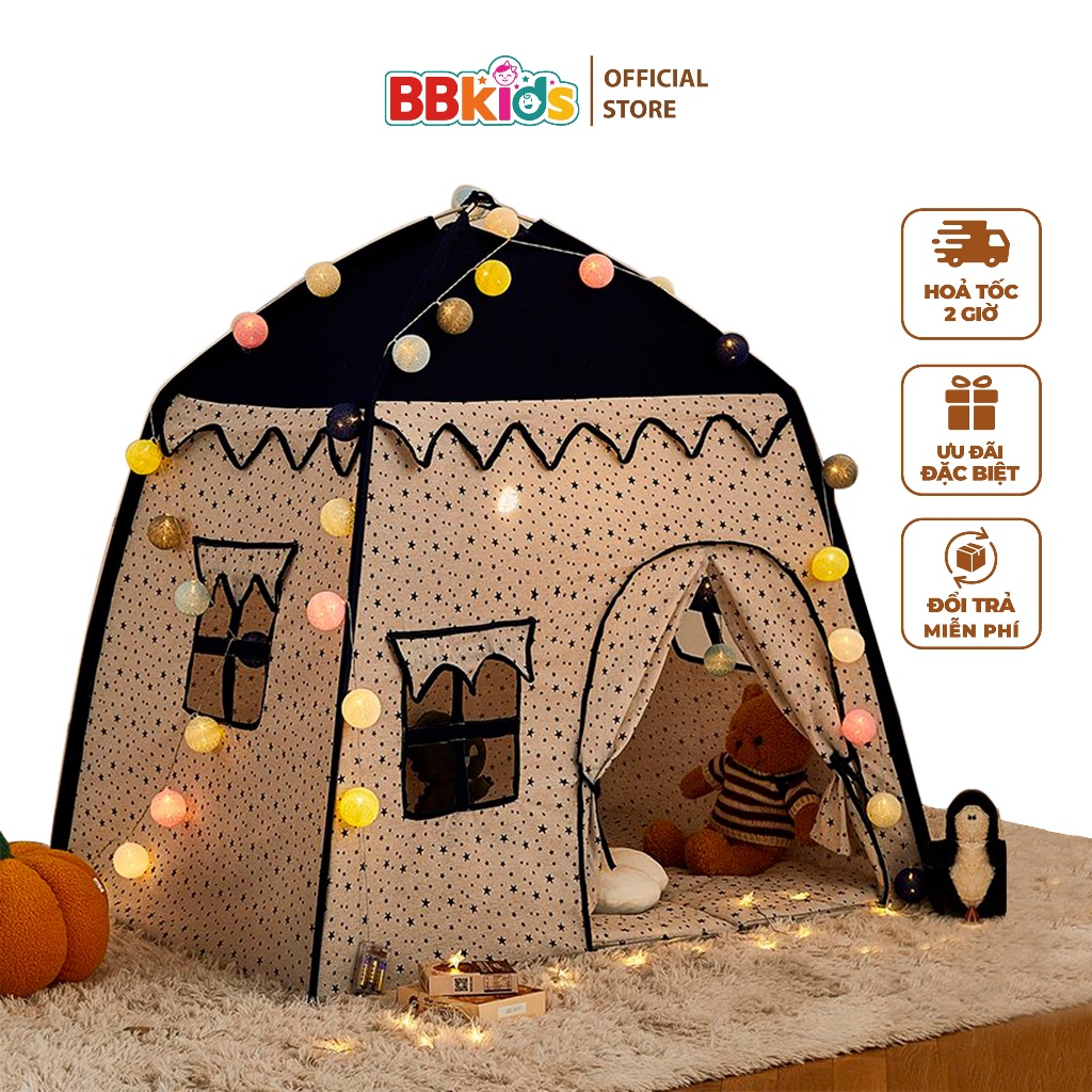 Lều Cho Bé Gái Trai BBkids, Công Chúa Cắm Trại Bằng Vải Canvas, Khung Chắc Chắn, Lều Bóng - BB028