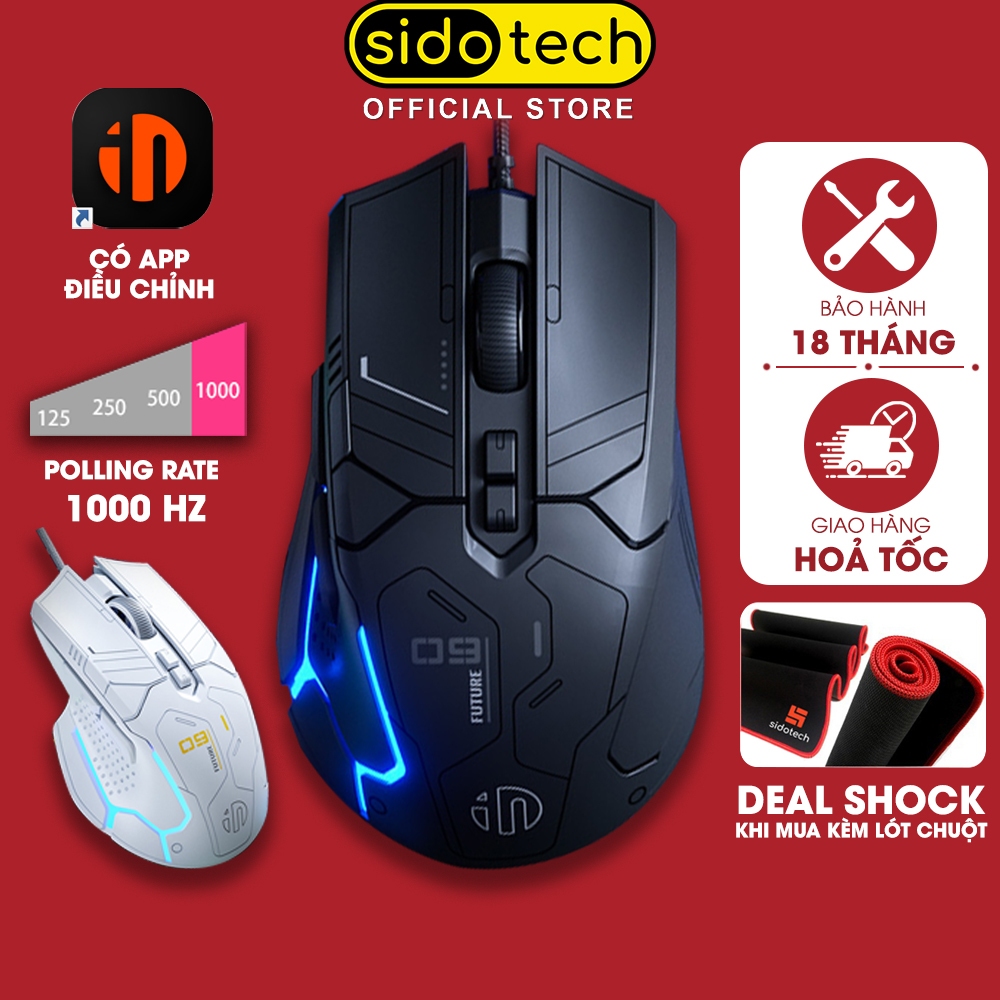 Chuột có dây gaming SIDOTECH inphic PG9 Ai 1000hz 7 nút bấm có app 12800 DPI led RGB máp tính công thái học chơi game | BigBuy360 - bigbuy360.vn