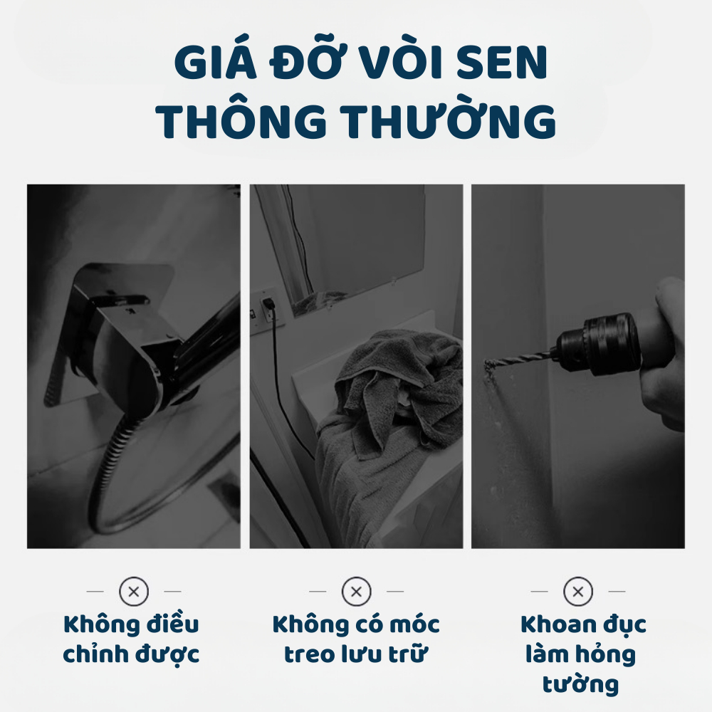 Giá đỡ vòi hoa sen DINO xoay 90 độ có thể điều chỉnh, có móc Giá đỡ vòi hoa sen không khoan đục