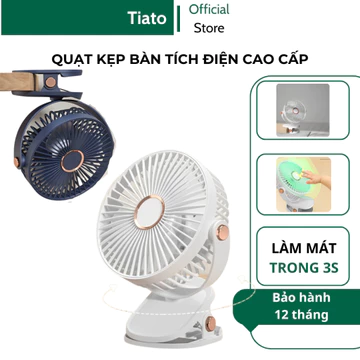 Quạt kẹp bàn tích điện 5 tốc độ Tiato sạc USB xoay 360 độ lồng gió mạnh quạt mini tích điện để bàn