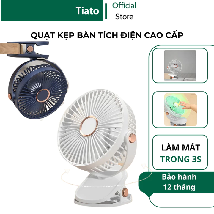 Quạt kẹp bàn tích điện 5 tốc độ Tiato sạc USB xoay 360 độ lồng gió mạnh quạt mini tích điện để bàn