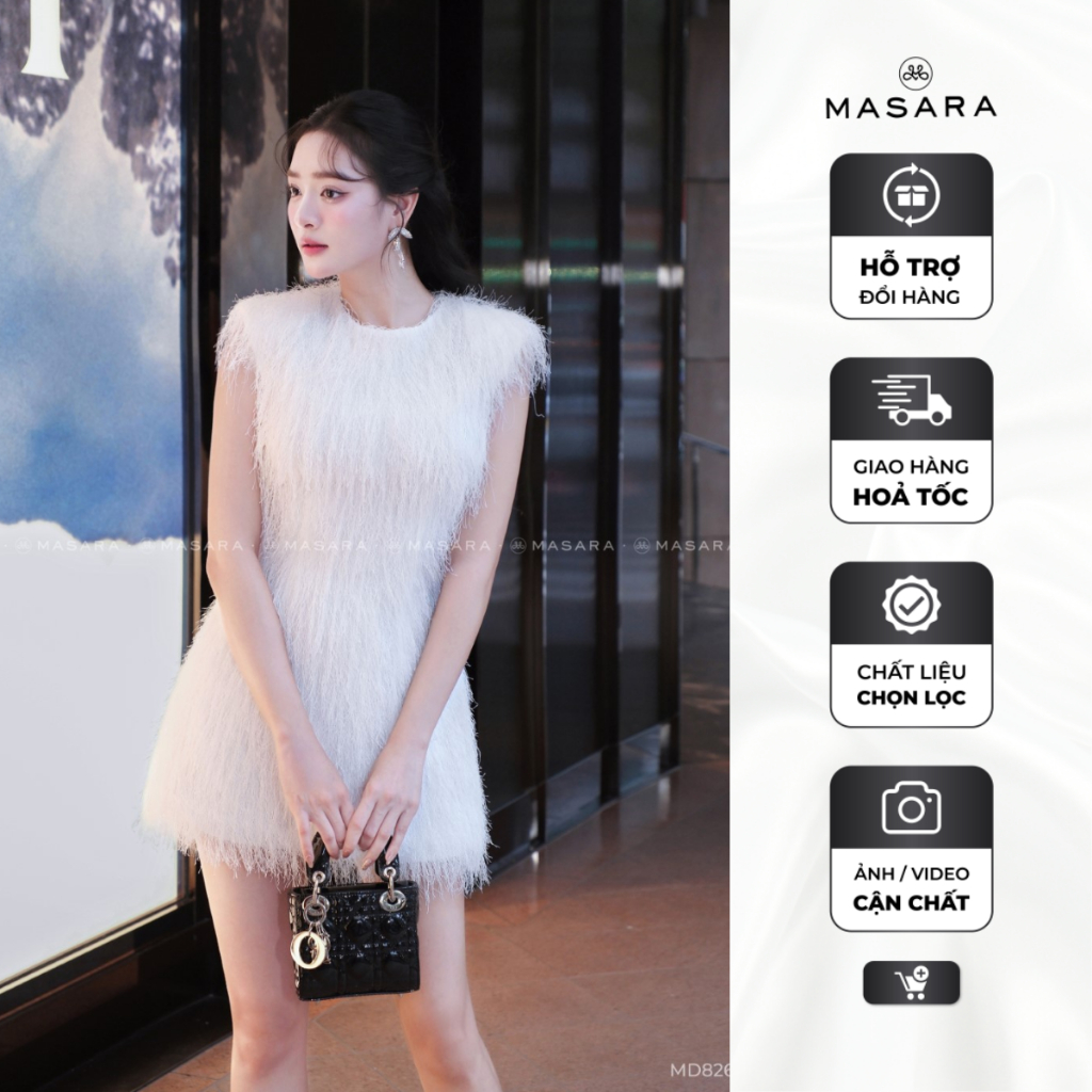 Đầm suông nữ Masara form ôm nhẹ, chất lông trắng tua rua ấn tượng, phong cách đơn giản thanh lịch MD826
