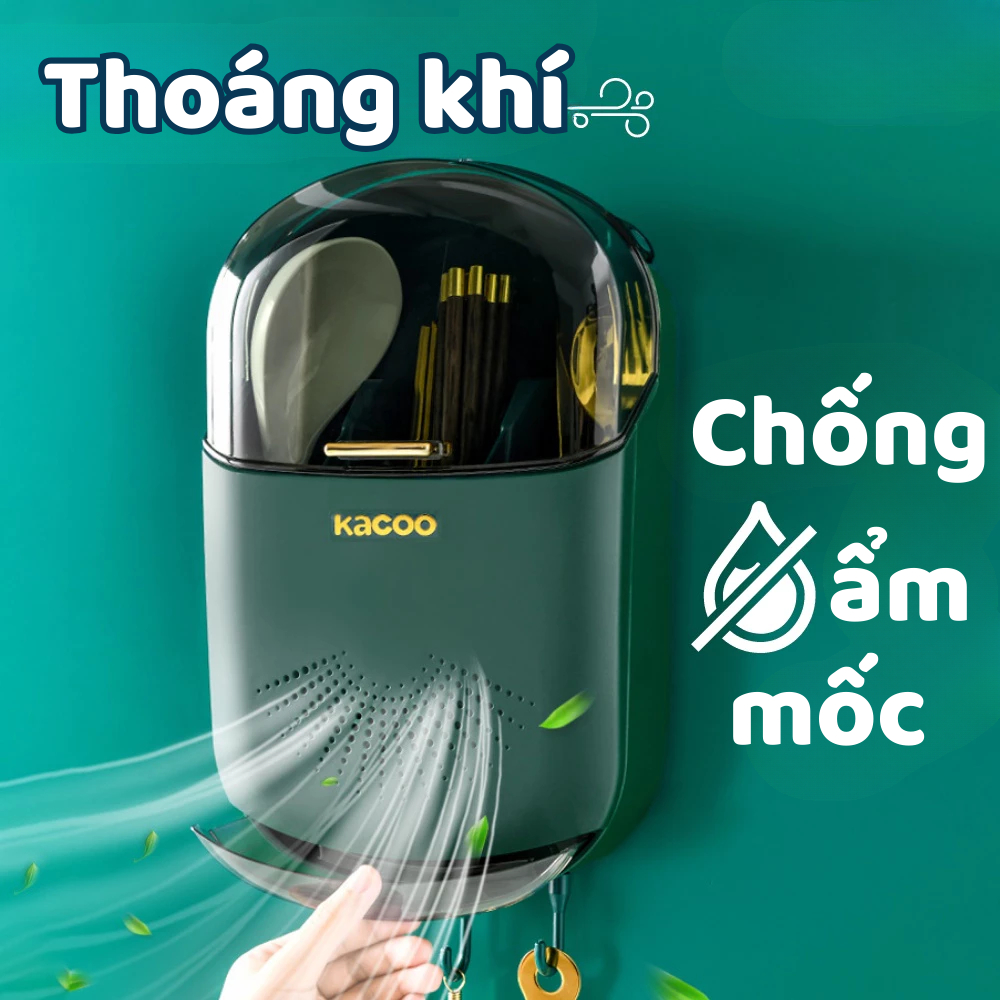 Hộp đựng đũa muỗng có nắp đậy gắn tường, Ống đựng đũa treo tường chống bụi, ngăn côn trùng,vi khuẩn có tích hợp móc treo