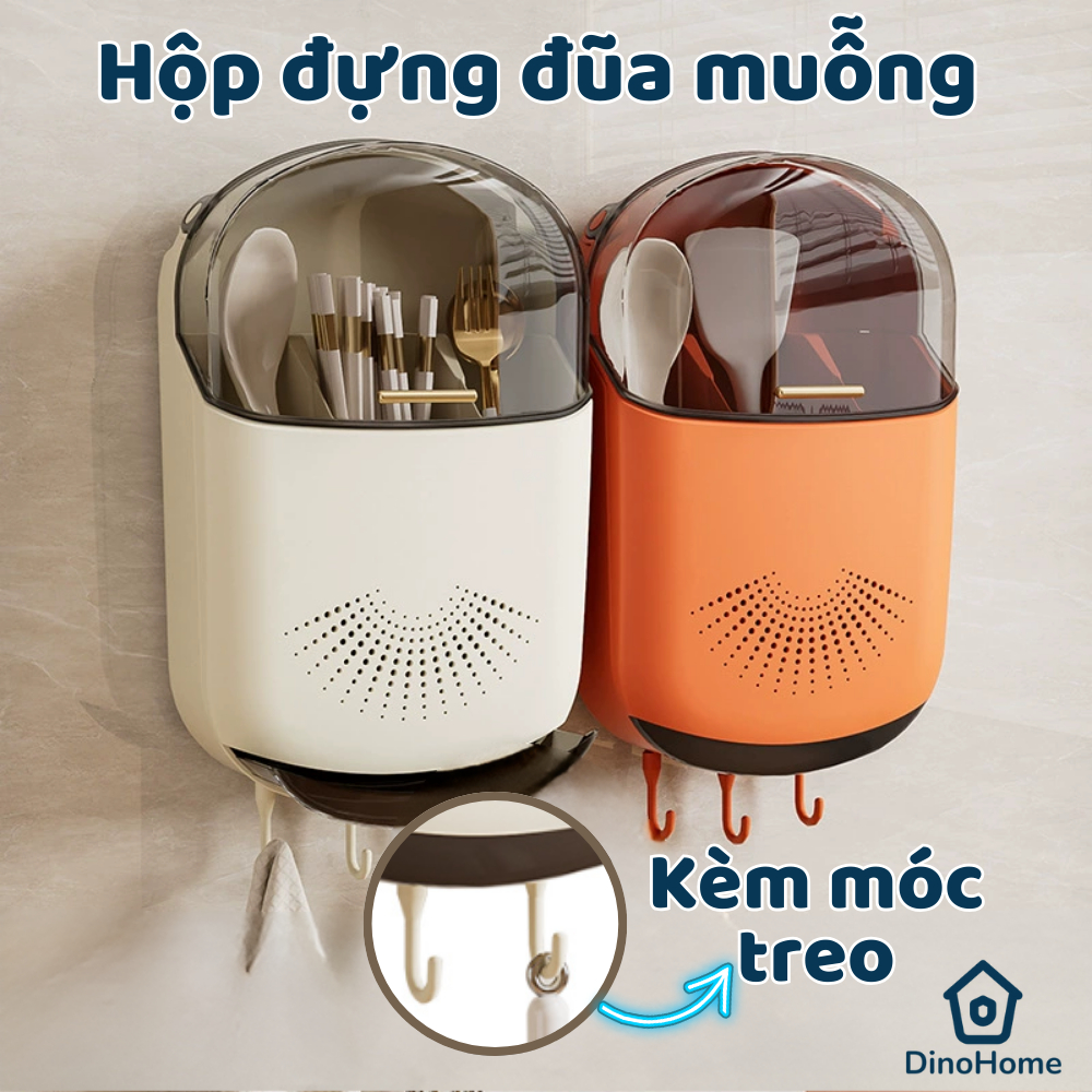 Hộp đựng đũa muỗng có nắp đậy gắn tường, Ống đựng đũa treo tường chống bụi, ngăn côn trùng,vi khuẩn có tích hợp móc treo