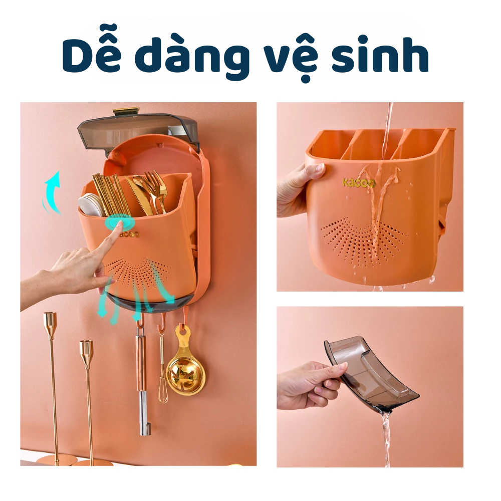Hộp đựng đũa muỗng có nắp đậy gắn tường, Ống đựng đũa treo tường chống bụi, ngăn côn trùng,vi khuẩn có tích hợp móc treo