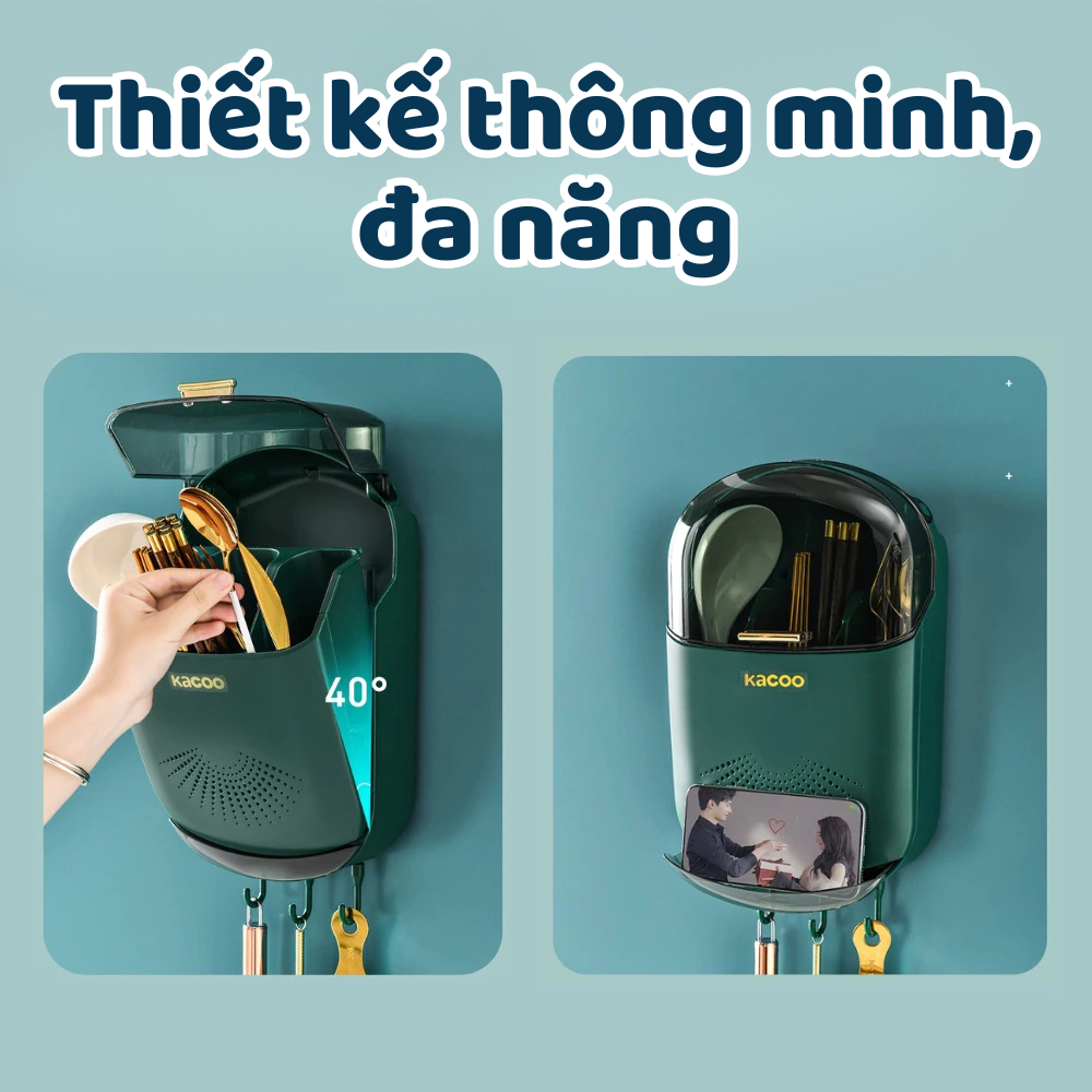 Hộp đựng đũa muỗng có nắp đậy gắn tường, Ống đựng đũa treo tường chống bụi, ngăn côn trùng,vi khuẩn có tích hợp móc treo