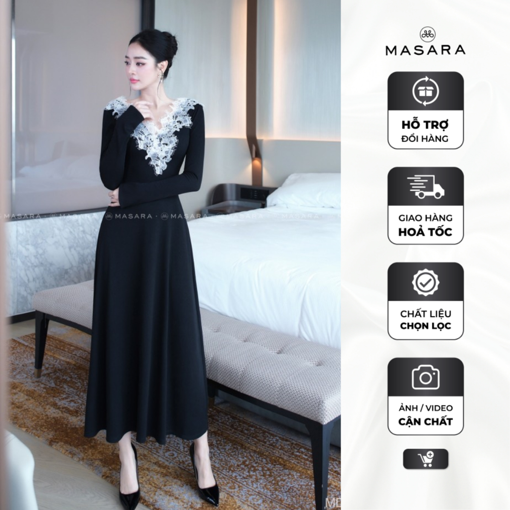 Đầm nữ Masara dáng dài chất thun đen ren trắng cổ V phong cách thanh lịch MD805