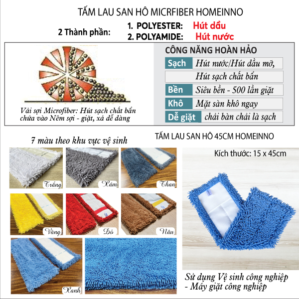 Combo 2 Cây Lau Nhà Bẹ San Hô Microfiber 45 cm Homeinno Cán Rút 85cm - 150cm
