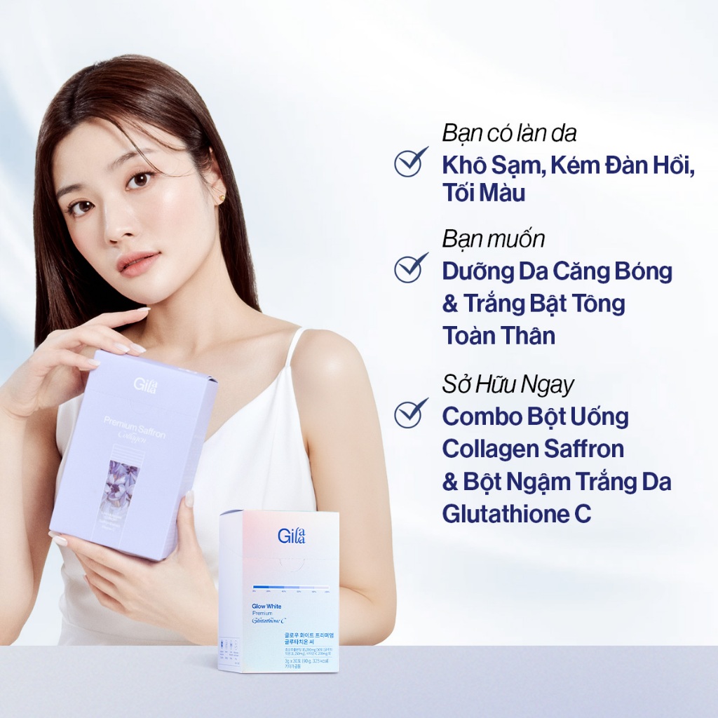 Ảnh Combo Căng Bóng Trắng Da Bột Ngậm Glutathione C (3g x 30 gói) và Bột Uống Collagen Gilaa (2g x 60 gói) 3